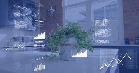Displaying metal planter with trailing greenery on glossy counter with data charts in loft kitchen
