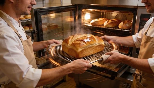 Bakers pulling glossy loaf from commercial oven with steam rising, teamwork in artisan bakery
