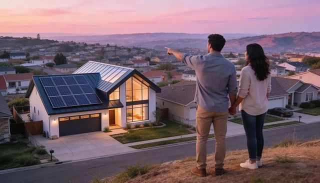 Couple on hilltop pointing to modern solar-powered home at sunset