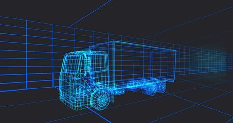 Futuristic wireframe truck in digital 3d grid space