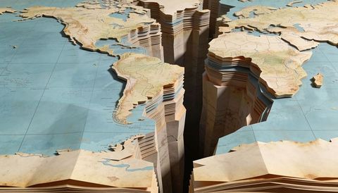 Layered paper world map forming deep atlantic chasm, stratified atlas cutaway art