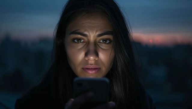 Adult woman holding smartphone at dusk, blue screen illuminating worried face on rooftop