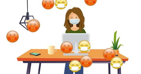 Emojis with Face Masks Adjacent to Woman Using Computer