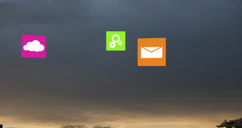 Cloud Computing Icons Over Scenic Landscape at Dusk