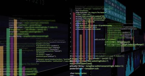 Futuristic 3D Data Dashboard with Multicolored Bar Charts and Overlaid Code Snippets Neon
