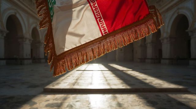 Ceremonial tricolor flag with gold tassels hanging inside sunlit vaulted hall arches
