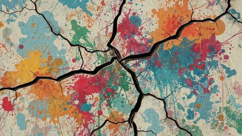 Earthquake cracked concrete wall with colorful paint splatters
