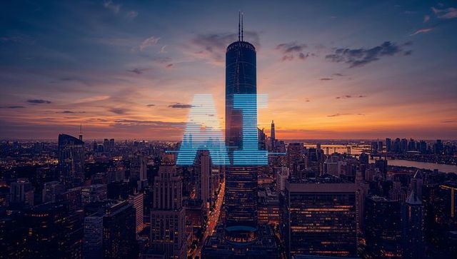 Skyscraper Cityscape at Dusk with AI Concept Overlay