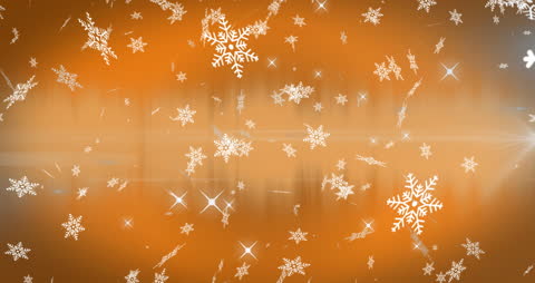 Floating Snowflakes on Orange Background with Sparkling Lights