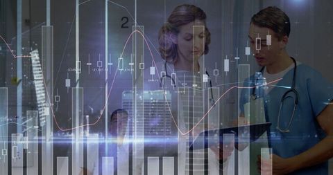 Medical Professionals Analyzing Financial Data with Urban Skyline Overlay