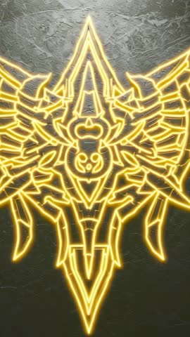 Neon Golden Winged Crest Emblem Revealing Glowing Outline on Dark Metallic Vertical Panel