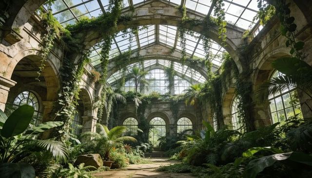 Overgrown conservatory bathing in sunlight under vaulted glass roof and arched columns