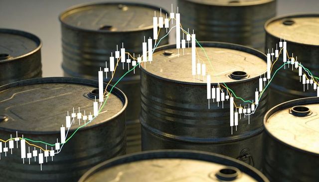 Crude oil barrels with candlestick market chart overlay depicting price volatility