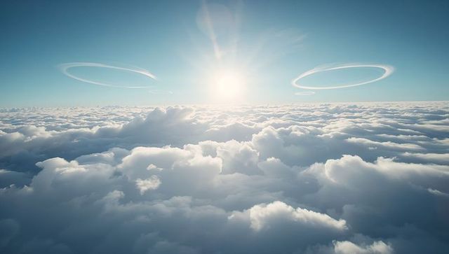 Sunrise above layered clouds with contrail rings, serene horizon and gentle lens flare