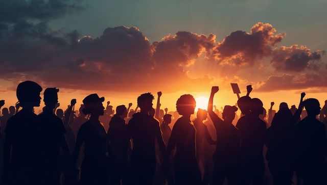 Silhouettes of diverse crowd raising fists and holding placards at dramatic sunset rally