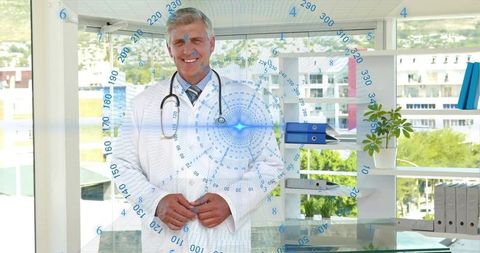 Standing doctor donning coat and stethoscope in modern office with digital data overlay