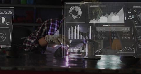 Female Welder in Plaid Shirt Welding Metal with Futuristic HUD Data Overlays in Workshop