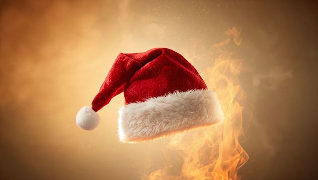 Santa Hat on Fire with Smoky Backdrop and Ember Glow for Dramatic Holiday Visuals