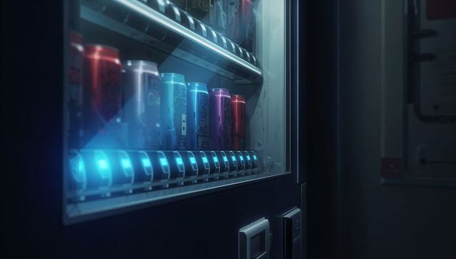 Glass-front beverage vending machine glowing with blue leds in dim corridor