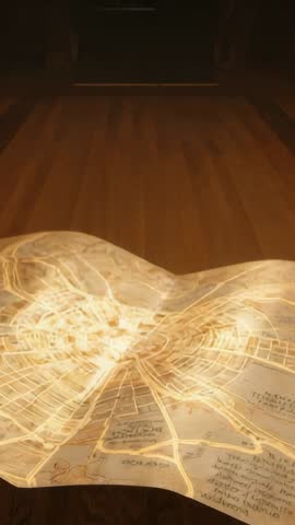 Pulsing Magic Map Forming Glowing 3D Relief on Wooden Table Vertical Fantasy Loop