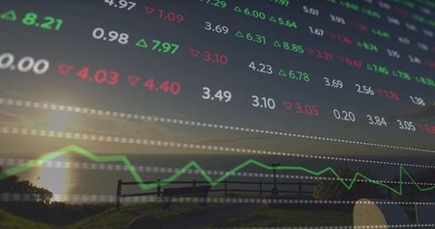 Stock Market Data with Scenic Line Graph Overlay at Dusk