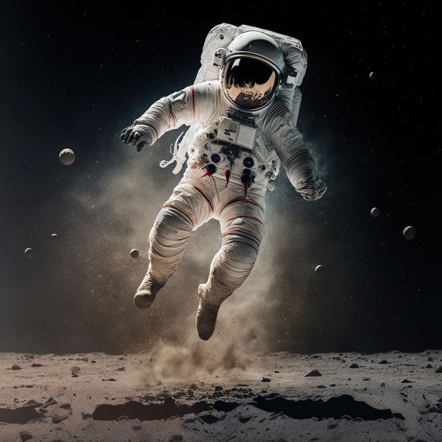 Astronaut exploring and floating on moon, created using generative ai technology. Space, planets and astronaut concept, digitally generated image.