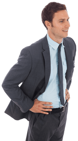 Confident Businessman in Gray Suit Standing with Hands on Hips Transparent Background