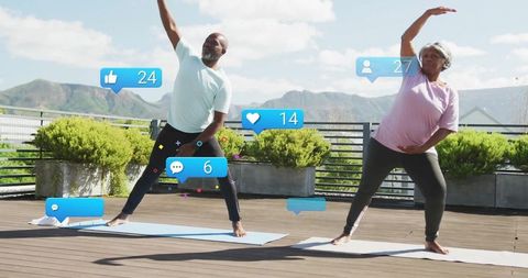 Senior Couple Stretching on Rooftop with Social Media Icons