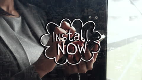 Businesswoman Using Smartphone with Install Now Graphic Overlay