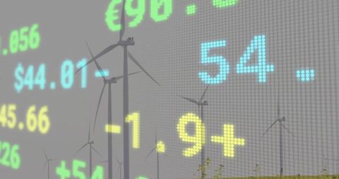 Renewable energy market data overlay wind turbine farm led ticker showing prices