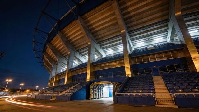 Night stadium exterior with lit arched tunnel, blue bleachers and dynamic car light trails