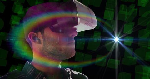 Virtual reality experience with futuristic city hologram