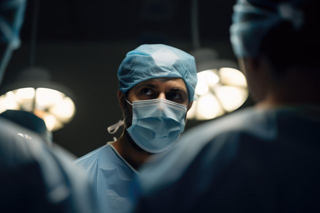 This image depicts a focused surgeon in an operating room, engaged with a medical team. This visual can be perfect for healthcare-themed websites, medical presentations, educational materials, or content focusing on surgeries and teamwork in medical environments. It highlights the professionalism, concentration, and collaboration required in the medical field.