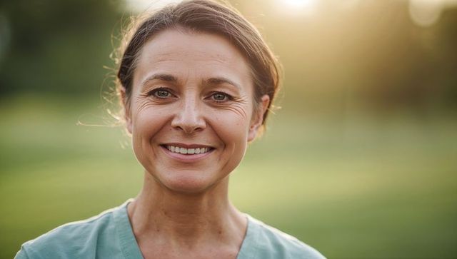 Smiling female nurse wearing green scrubs outdoors backlit portrait with natural bokeh