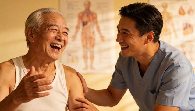 Senior man laughing during geriatric consultation with nurse providing compassionate care