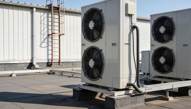 Commercial rooftop hvac condenser unit operating with dual axial fans and junction box