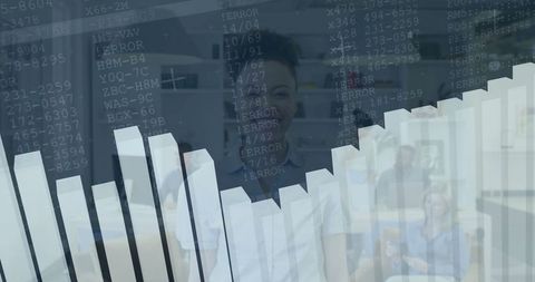Businesswoman analyzing bar chart with code overlay in office