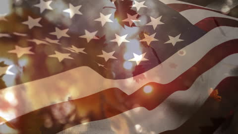 Symbolic US Flag with Autumn Leaves Overlay in Soft Focus