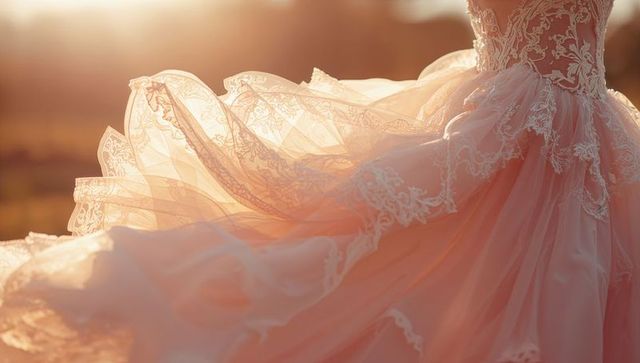 Bride spinning in lace wedding gown at golden hour