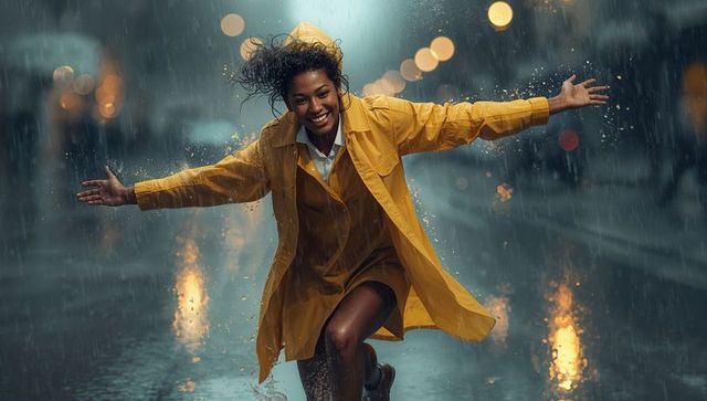 Running in yellow raincoat splashing through puddles on neon-lit wet street