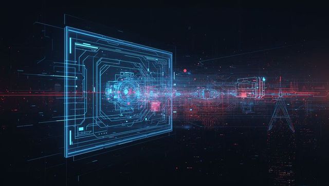 Holographic interface emitting neon data stream through futuristic cyber tunnel