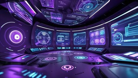 Futuristic control room with neon holographic displays
