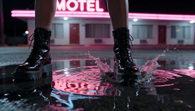 Glossy black platform combat boots splashing neon-lit motel puddle reflecting signage