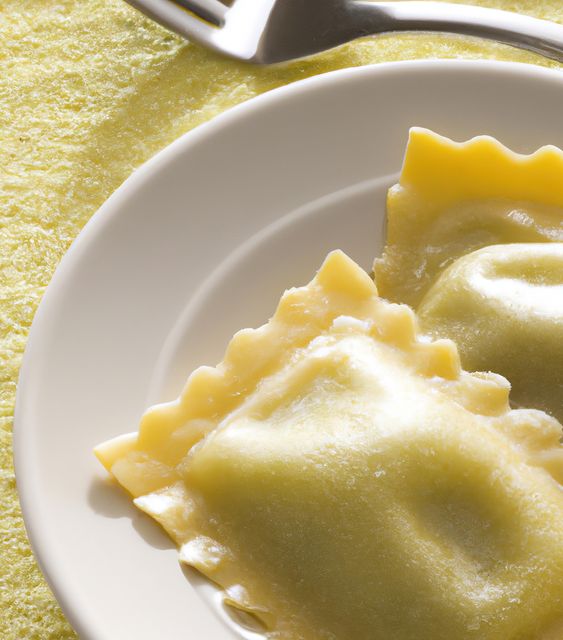 Close up of multiple ravioli over fork created using generative ai technology. Cooking and food concept, digitally generated image.
