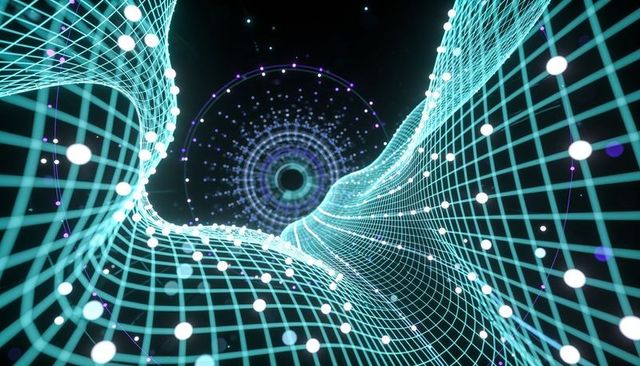 Flowing cyan wireframe tunnel twisting in dark void with glowing nodes and purple rings