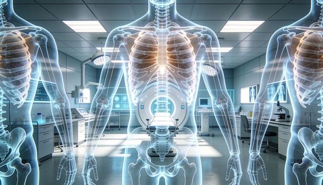 Projecting holographic human torso and ribcage over ct scanner in futuristic radiology lab