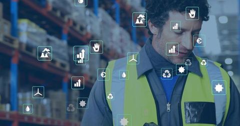 Warehouse worker analyzing real-time inventory data with virtual icons