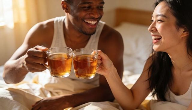 Couple clinking glass mugs of tea in bed sharing sunlit morning and cozy smiling moment
