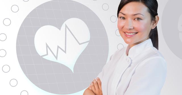 This image features a smiling female doctor standing confidently with a heartbeat graph in the background. Ideal for use in healthcare websites, medical blogs, cardiology articles, wellness programs, and promotional materials for medical services. The combination of the professional and the medical illustration emphasizes health and wellness.