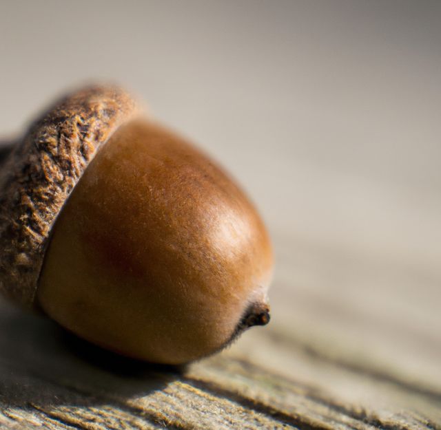 Displays an acorn in detailed close-up on a textured wooden surface with natural sunlight. Ideal for themes related to nature, autumn, growth, and woodland. Useful for educational content, environmental blogs, seasonal promotions, and various nature-related designs.
